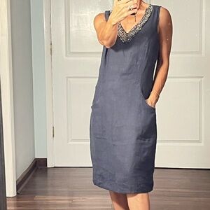Lina Tomei 100% linen beaded neckline shirt dress size S